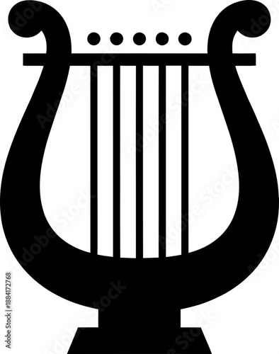 Black antique lyre or harp music instrument. Classical string music concept. Vector icon for music, art, culture, entertainment design