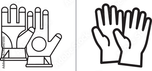 Two black and white vector icons of work gloves. The left shows a technical pair with reinforced palms and stitching; the right features a simpler, bold outline of heavy-duty protective gloves.