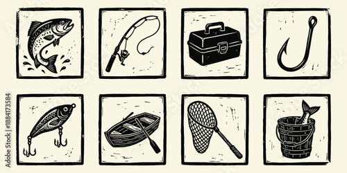 Vintage Woodcut Fishing Icons Set - Rod, Reel, Lure, and Catch Illustrations