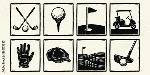 Vintage Woodcut Golf Icons Set - Clubs, Ball, Cart, and Cap Collection