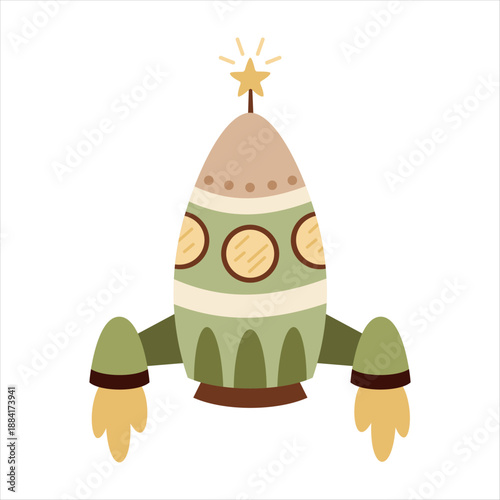 Cartoon rocket ship clipart, isolated space transport for kids cosmos design. Vector illustration.