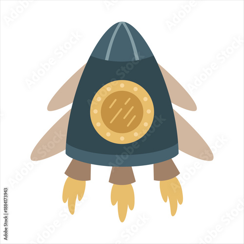 Cartoon rocket ship clipart, isolated space transport for kids cosmos design. Vector illustration.