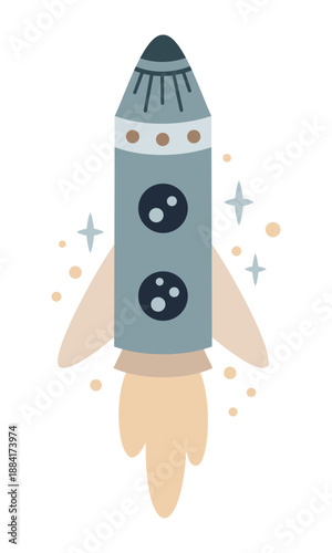 Cute cartoon rocket ship clipart, Space transport, Starship, Cosmic design. Vector illustration.