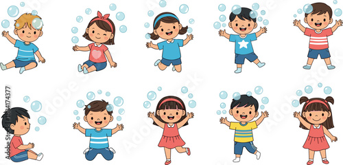 Set of cute happy cartoon children playing with soap bubbles featuring boys and girls sitting jumping and standing in colorful summer clothing vector illustration.