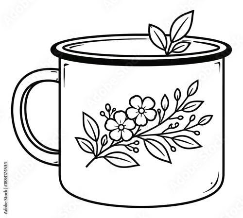 Hand drawn line art illustration of an enamel mug depicting floral decoration and tea leaves for warm beverages