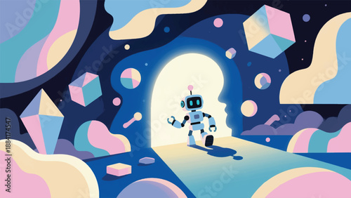 Illustration Of A Small Robot Entering A Human Dream Through A Light Portal In A Dream World Full Of Abstract Shapes Vector Design Template