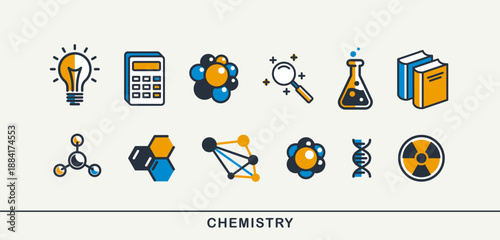 Chemistry vector detailed icons set, pharmacology and biochemistry science, molecules and flasks laboratory experiment.