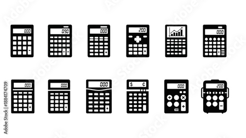 Collection of various calculator icons in black and white.