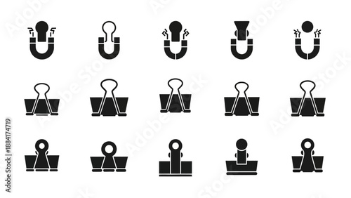 Collection of black binder clip icons in various designs and styles.