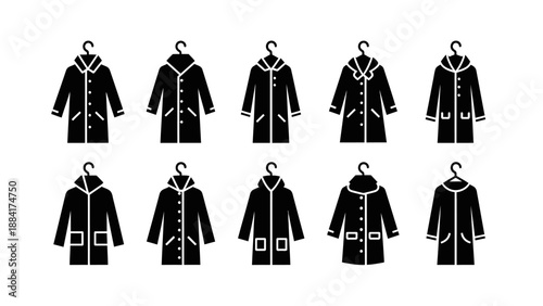 Collection of winter coat icons in black and white style.