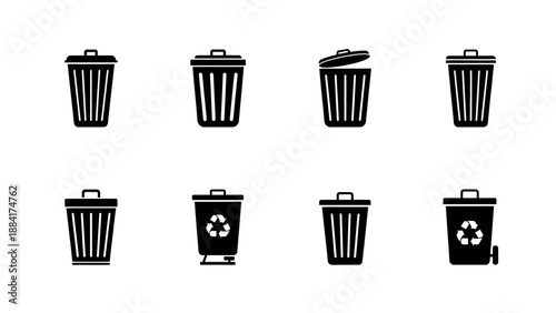 Collection of black trash can icons on a white background.
