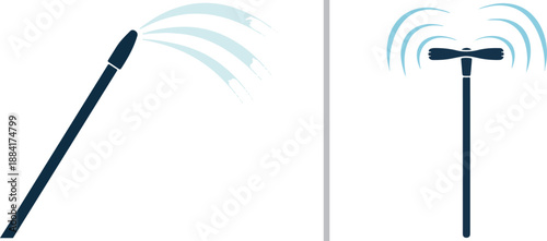 A duo of professional cleaning tool icons featuring a navy blue pressure washer wand spraying water and a vertical rotary sprinkler head with a dual-stream spray pattern.