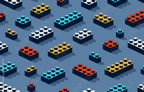 Toy constructor seamless pattern, isometric vector toy bricks tiling wallpaper, children game construction retro colored blocks endless pattern.