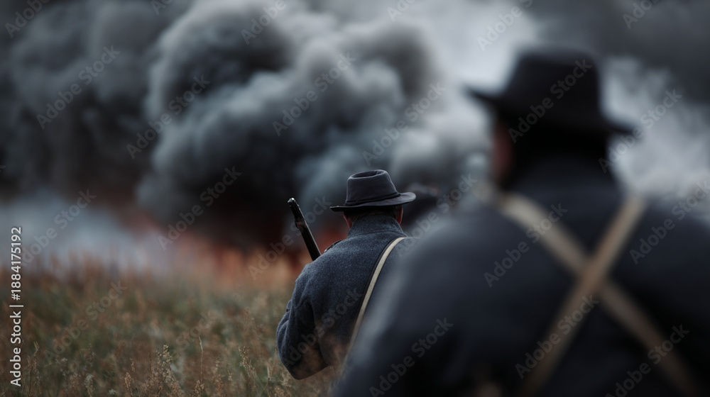 Fototapeta premium Historical battlefield scene with soldiers in uniform.