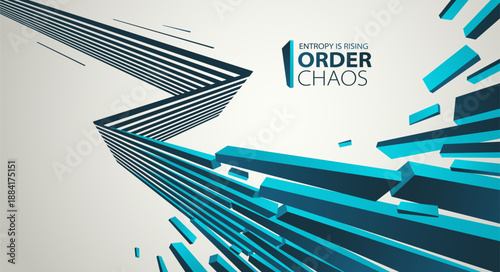 Entropy concept vector abstract background with debris flying in chaos, destruction theme wallpaper, exploded pieces disorder 3D design