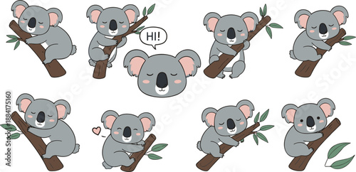 Set of cute cartoon koala characters sleeping and climbing on eucalyptus branches with leaves and a friendly hi greeting speech bubble for children's design.