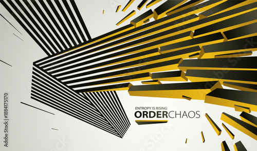 Debris particles exploding in chaos vector abstract background, entropy is rising to decay and disorder, elements flying in motion, 3D wallpaper.