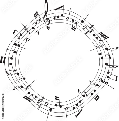 Circular musical stave frame with black music notes and treble clef for creative sound design and artistic melody composition