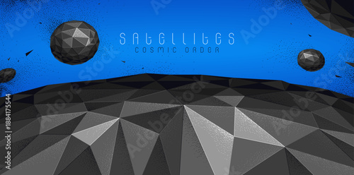 Abstract planet terrain with satellites flying around vector illustration, sci-fi space art, unknown distant planet panorama wallpaper, low poly design.