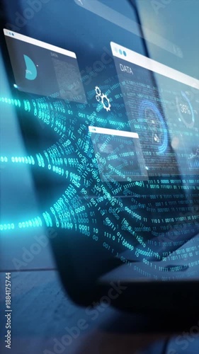 woman analyst uses a computer AI artificial intelligence and dashboard for data business analysis and Data Management System with KPI and metrics connected to the database for technology finance,