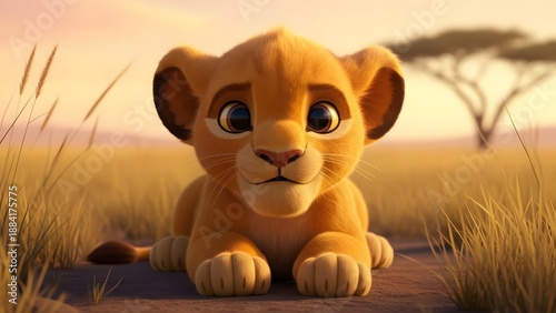 Adorable lion cub in serene savannah landscape at sunset