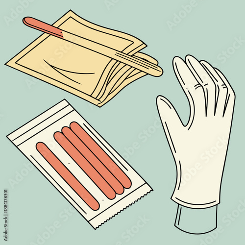 Medical Supplies Including Disposable Gloves and Tongue Depressors displayed isolated