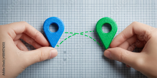 Hands holding blue and green location pins on map