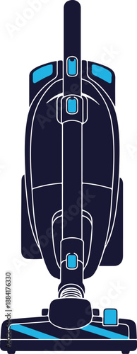 A high-angle, symmetrical vector illustration of an upright vacuum cleaner. Rendered in dark navy blue with bright cyan buttons and highlights, showcasing a modern, sleek design.