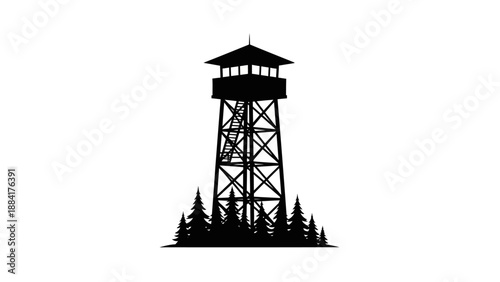 Silhouette of a fire lookout tower surrounded by trees on white background.