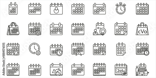 Calendar icons set with time and event symbols for planning and scheduling date schedule