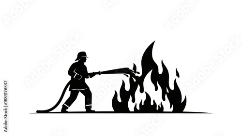 Silhouette of a firefighter putting out a fire with a hose, isolated on white.