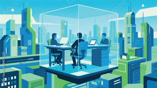 Illustration Of Floating Office Tables And Chairs, Transparent Screens Surrounding Workers, Exterior View Of A Futuristic City Vector Design Template