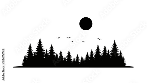 Silhouette of a forest with birds flying in the sky.