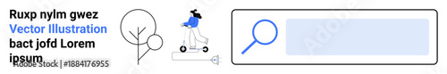Urban transportation, technology, internet browsing, search, eco-friendly mobility, concepts. A woman rides a scooter next to a tree with a search icon. Urban transportation and eco-friendly mobility