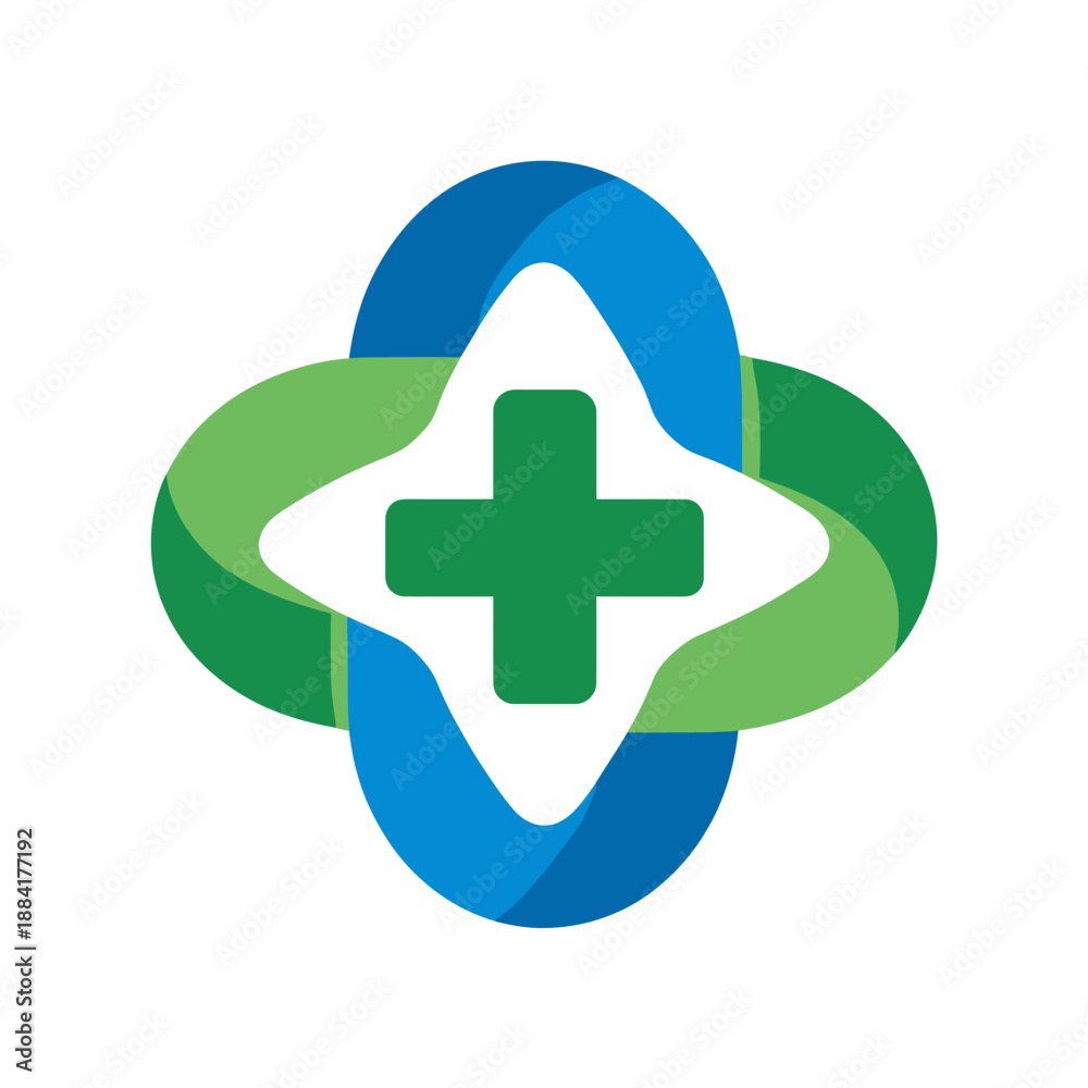 Fototapeta premium Abstract medical logo green cross shape within intertwined blue and green elements