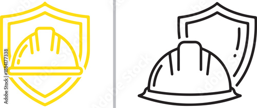 Two vector icons featuring safety hard hats and shields. One is a yellow outline design; the other is a black line-art version with the hat in front of the shield. Symbols of protection and safety.