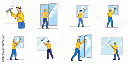 A collection of illustrations showing a professional window cleaner in uniform washing various types of glass surfaces with a squeegee.
