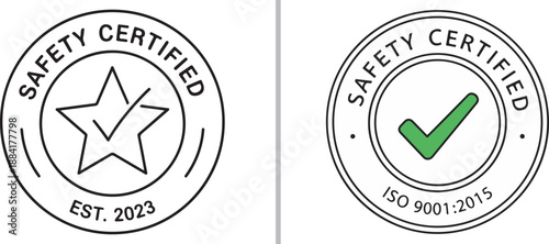 A set of professional circular safety certification seals featuring a star icon with "EST. 2023" and a green checkmark with "ISO 9001:2015" text.