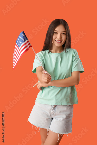 Young Asian woman with flag...