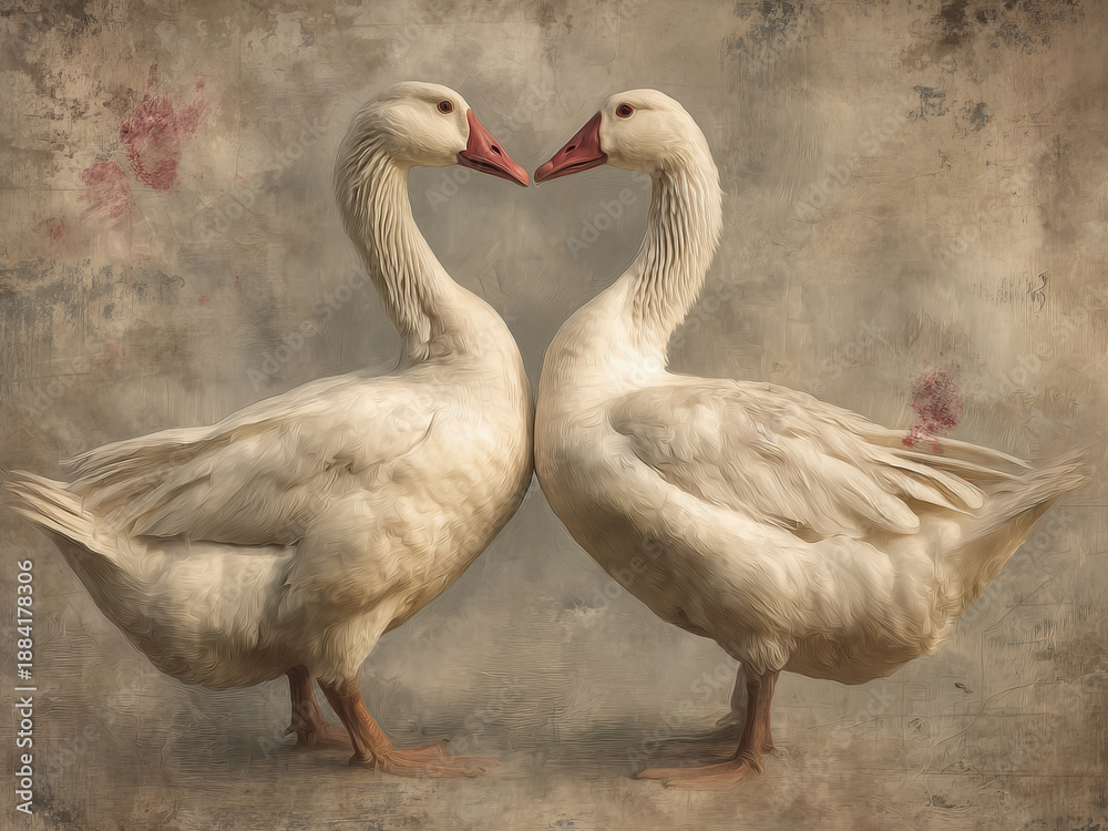 Fototapeta premium Vintage Valentines Day Romantic Pair Goose Valentine Print
