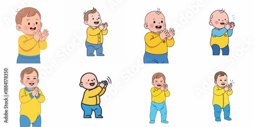 Cute set of eight cartoon babies and toddlers happily clapping their hands, celebrating, or showing approval. Isolated vector illustration collection.