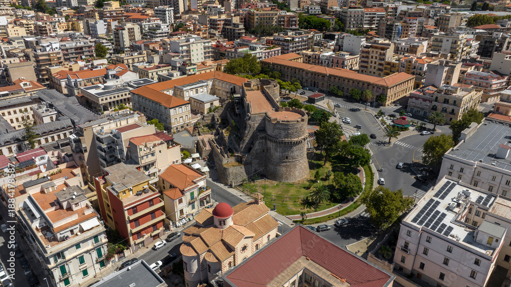 Obraz premium Aerial view of the Aragonese Castle of Reggio Calabria, Italy. It is the main fortification and one of the city's main historical symbols. It is located in the historic center of the town. Sunny day.
