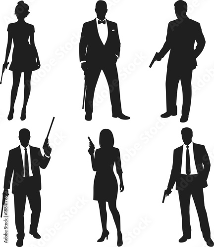 Silhouettes of armed agents, secret mission theme, formal attire, espionage action, mystery, black and white contrast, cinematic illustration, thriller vibe