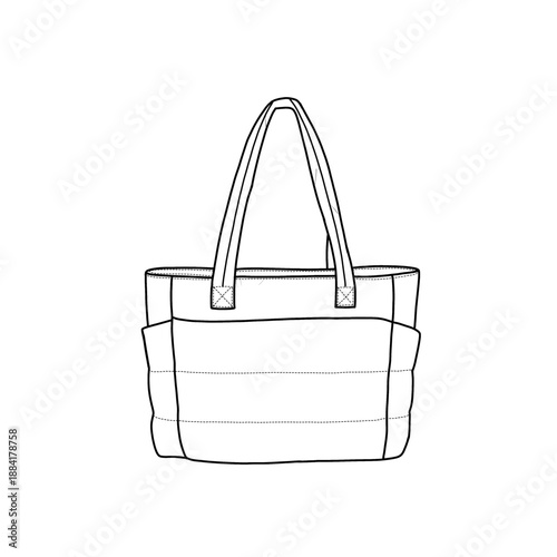 Line drawing of a tote bag. This minimalist illustration showcases the bag's shape, handles, and front pockets. Shoulder bag for travel, work, and gym. Isolated on a white background.
