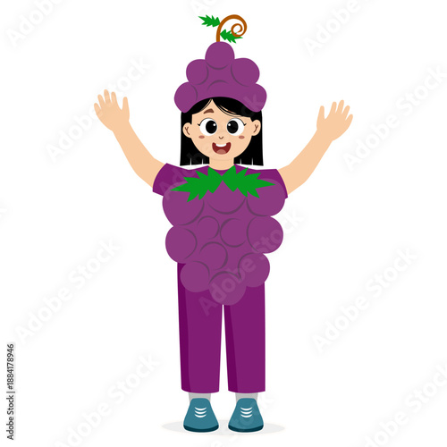Cute little girl in grape costumes. Child dressed up for kindergarten, school performance, illustration and vector.