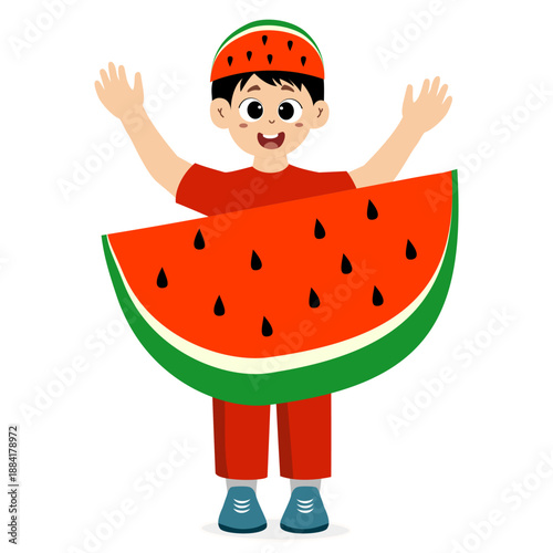 Cute little boy in watermelon costumes. Child dressed up for kindergarten, school performance, illustration and vector.