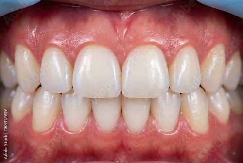 A close up view of a person's healthy white teeth and gums