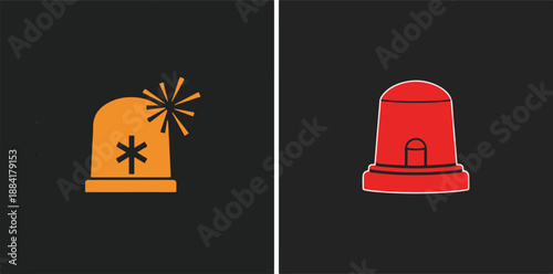 A minimalist vector graphic featuring two emergency beacon icons on a dark background: an orange siren with a flash burst and a solid red warning light.