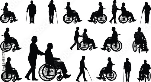 Disabled and elderly people silhouettes set, wheelchair users, walking with cane, caregiver assistance, healthcare support, black vector illustration