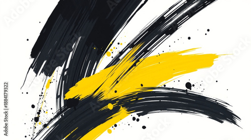 Abstract art with dynamic black and yellow brushstrokes and paint splatters on a clean white background, conveying energy and movement.